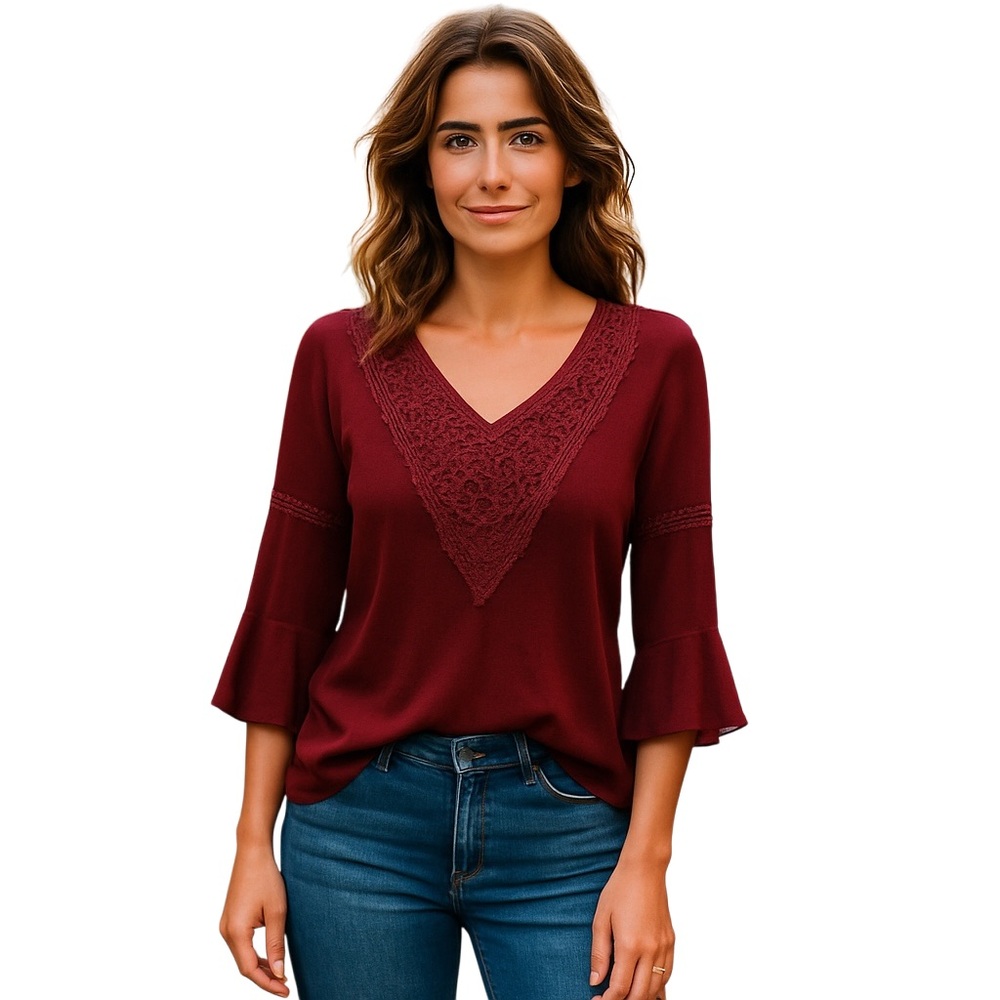 New York & Company Burgundy Asymmetrical Embellished Blouse